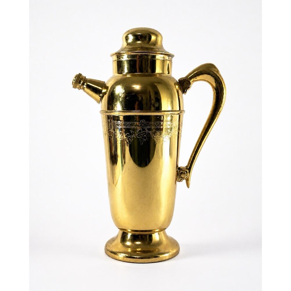 Vintage Brass Cocktail Shaker 12” Tall Samovar Style Etched Mid Century Barware